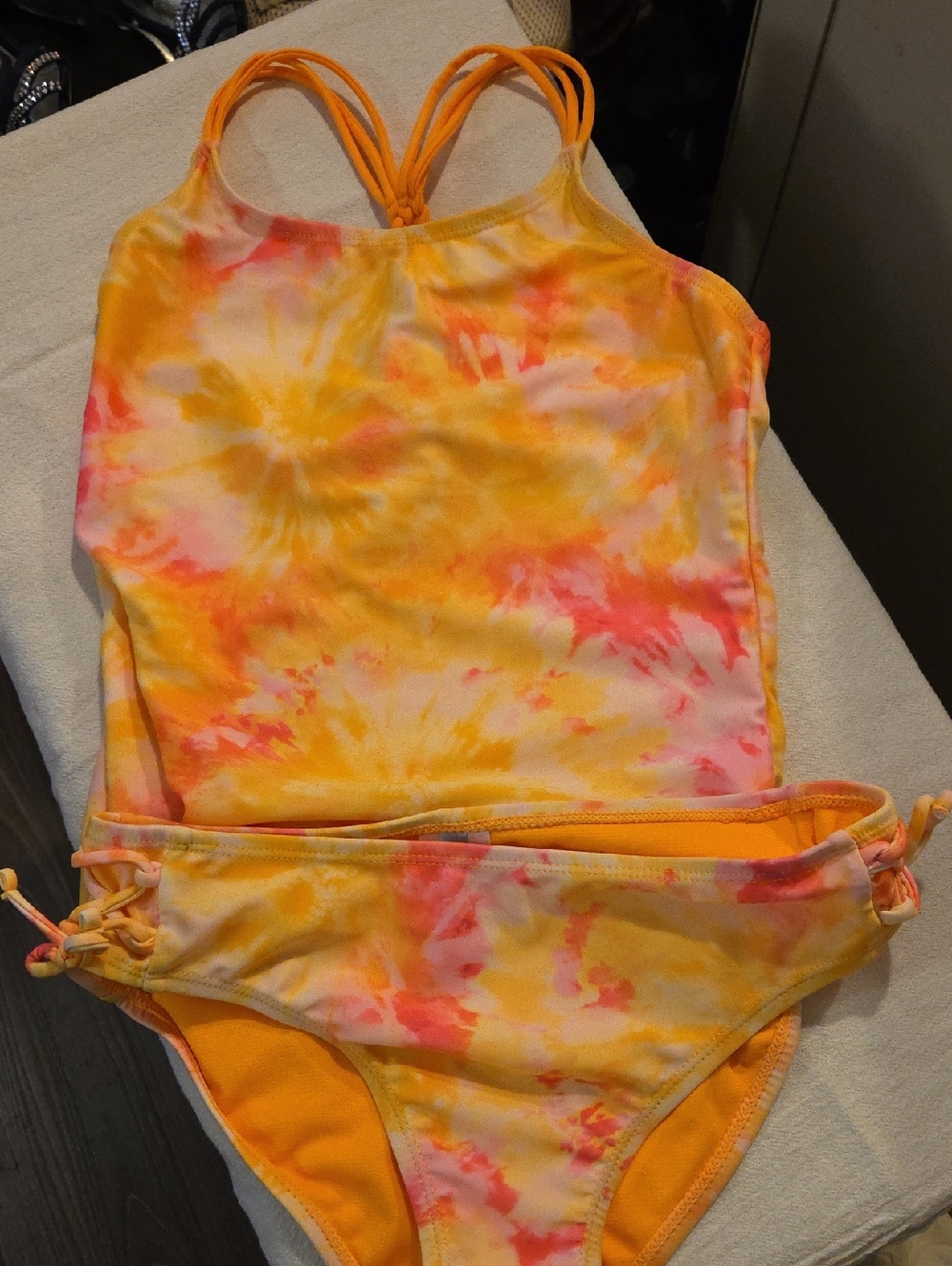 Breaking Waves Girls' Yellow & Pink Tie-Dye Two-Piece Swimsuit Size 12
